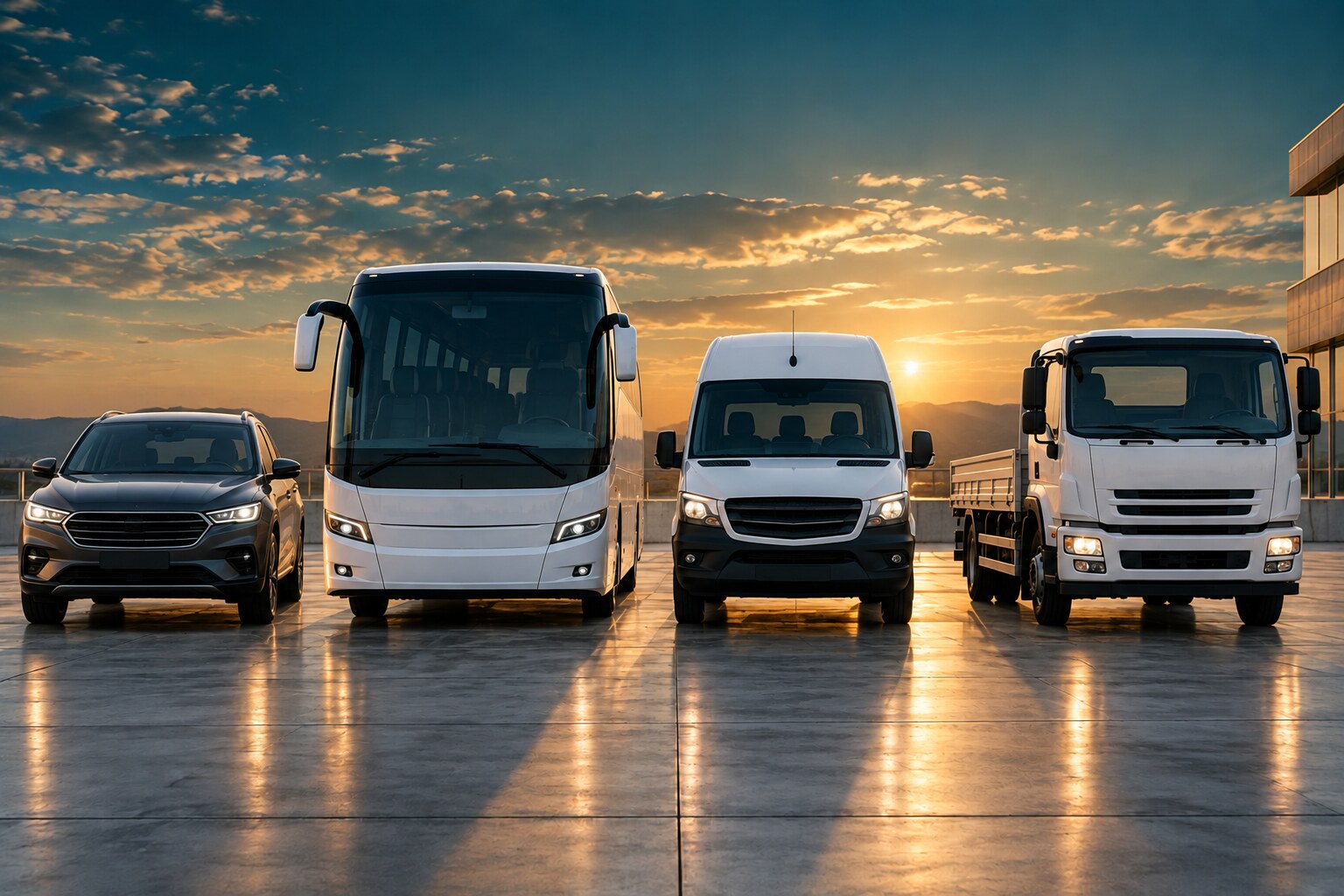 Private car, bus, service van and truck